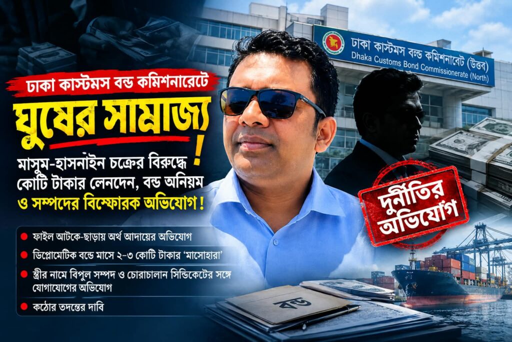 ঢাকা কাস্টমস বন্ডে কোটি টাকার অবৈধ লেনদেনের অভিযোগ, প্রশাসনিক পদায়ন নিয়েও প্রশ্ন