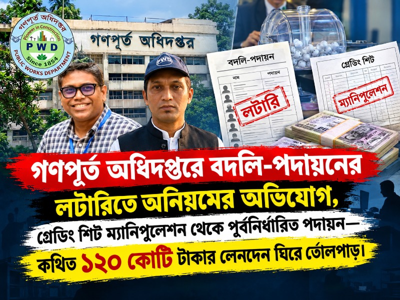 গণপূর্তে লটারি কি শুধুই আনুষ্ঠানিকতা? ক্যাটাগরি নির্ধারণ, গ্রেডিং শিট ও পদায়নে পক্ষপাতের অভিযোগ—কথিত ১২০ কোটি টাকার লেনদেনের উৎস অনুসন্ধানের দাবি